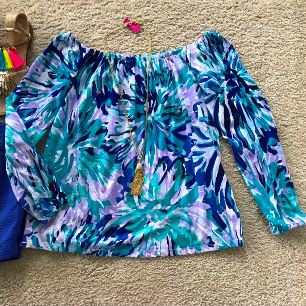 Lilly Pulitzer Enna Off The Shoulder Knit Top in Capri Teal Off Tropic - Picture 3 of 7